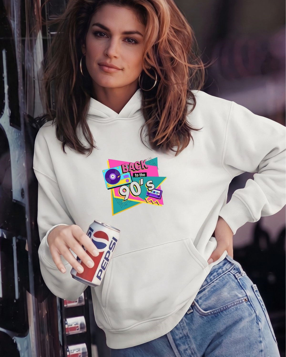 Kadın Oversize Hoodie Back To The 90’s Baskılı Beyaz - Kapüşonlu, Kanguru Cepli, 3 İplik Polar