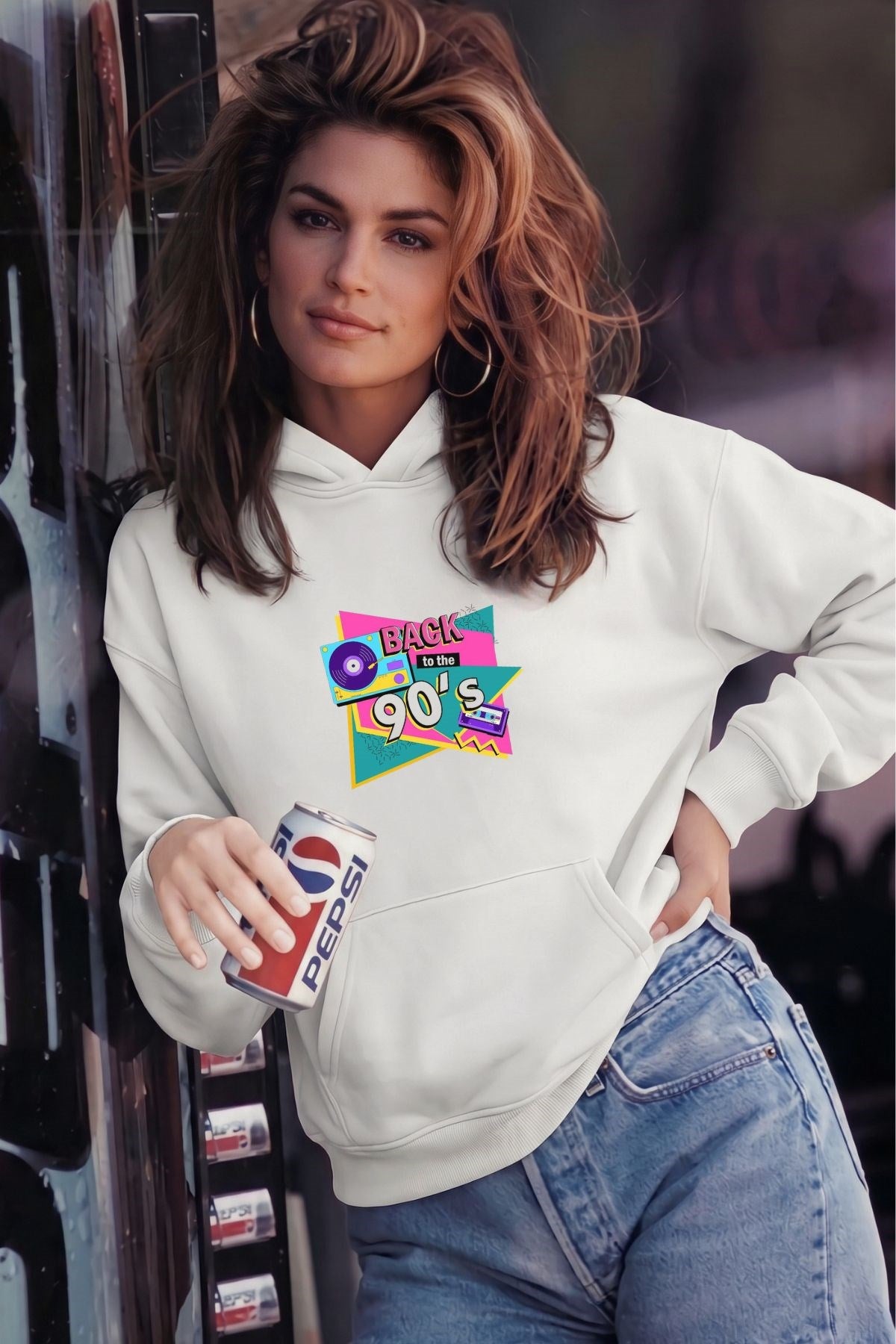 Kadın Oversize Hoodie Back To The 90’s Baskılı Beyaz - Kapüşonlu, Kanguru Cepli, 3 İplik Polar