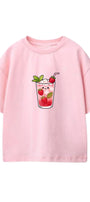 Kız Çocuk Oversize Tişört Strawberry Pop Baskılı Pembe – Bisiklet Yaka, Rahat Kalıp, %100 Pamuk