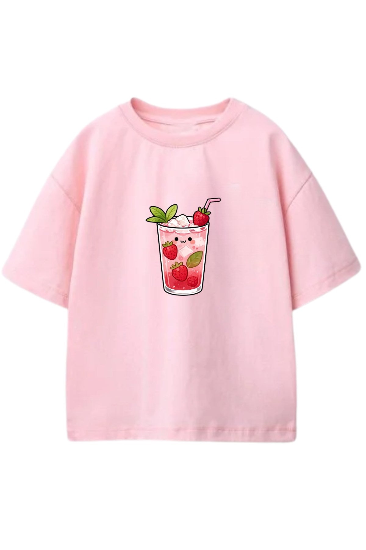 Kız Çocuk Oversize Tişört Strawberry Pop Baskılı Pembe – Bisiklet Yaka, Rahat Kalıp, %100 Pamuk