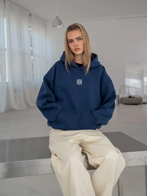 İndigo Unisex Yüksek Baskılı Kapüşonlu Kanguru Cepli Oversize Hoodie