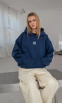 İndigo Unisex Yüksek Baskılı Kapüşonlu Kanguru Cepli Oversize Hoodie