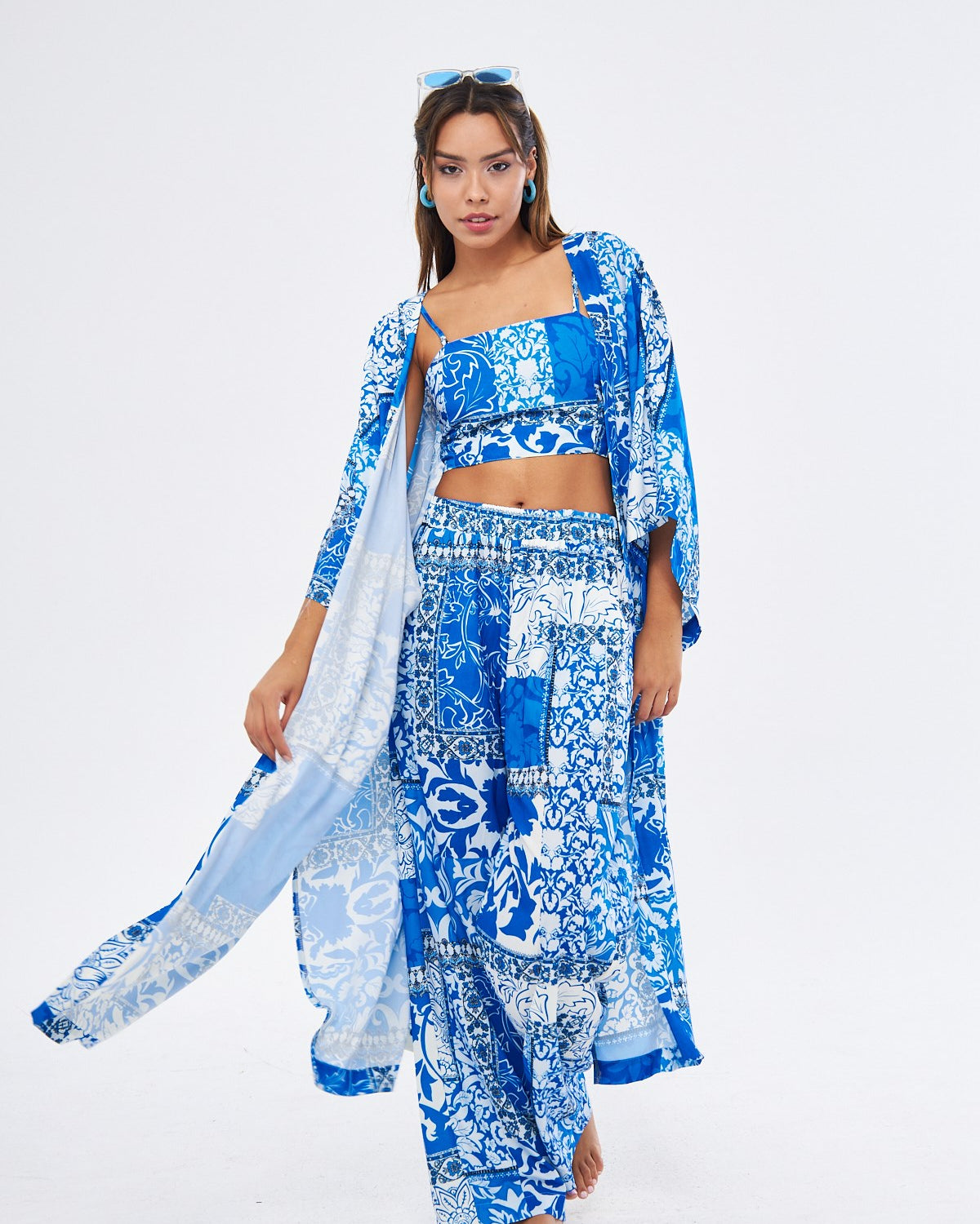 Kimono 3 Parça Büstiyerli Mavi Desenli Alt-Üst Takım (Medine İpeği)
