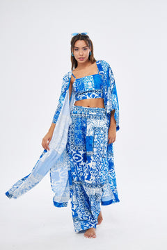 Kimono 3 Parça Büstiyerli Mavi Desenli Alt-Üst Takım (Medine İpeği)