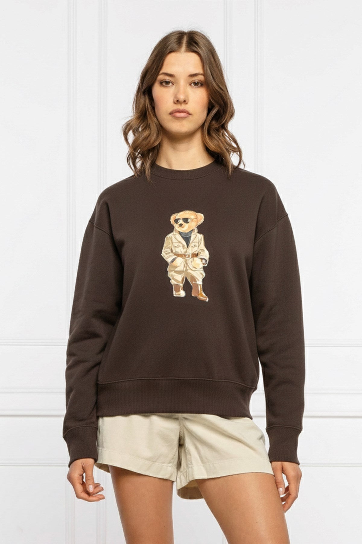 Kadın Oversize Sweatshirt Trench Bear Baskılı Kahverengi – Bisiklet Yaka, 3 İplik Şardonlu