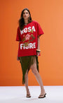 Kadın Beyaz Oversize Rosa Fiore Yazılı Gül Desenli Yazlık Tişört