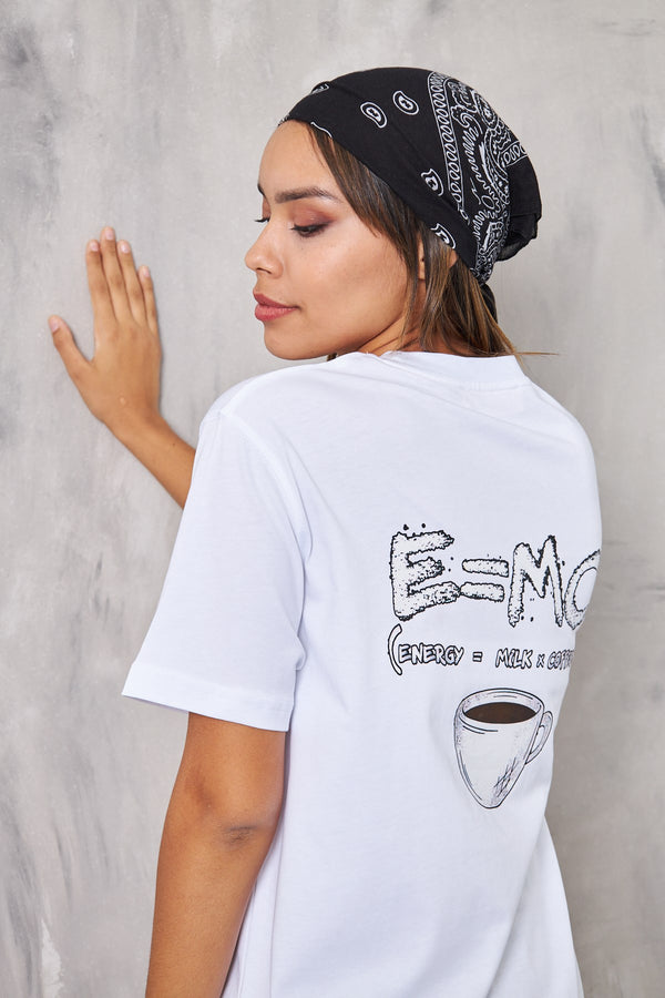 The Champ E=mc2 Coffee Milk Energy Kahve Tasarım Baskılı Oversize Beyaz Kadın T-shirt