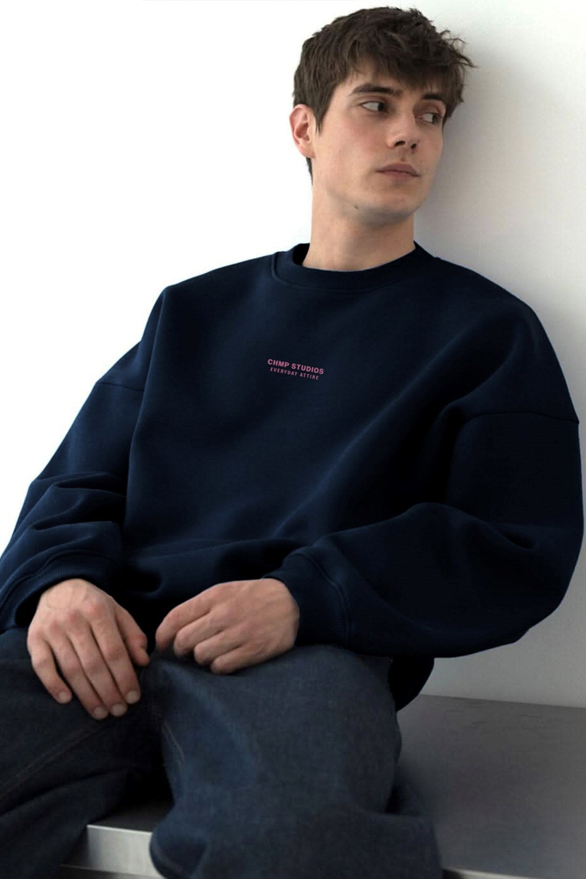 Erkek Oversize Sweatshirt CHMP STUDIOS Lacivert – Bisiklet Yaka, 3 İplik Şardounlu Polar