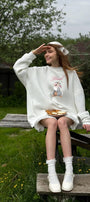 Kadın Oversize Sweatshirt Elbise Blessed Bunny Baskılı Beyaz – Bisiklet Yaka, 3 İplik Şardonlu Polar