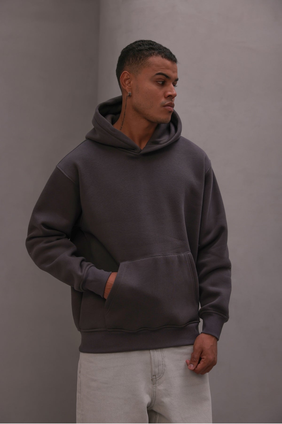 Erkek Oversize Sweatshirt Hoodie Basic Füme – Kapüşonlu, 3 İplik Polar, Kanguru Cepli