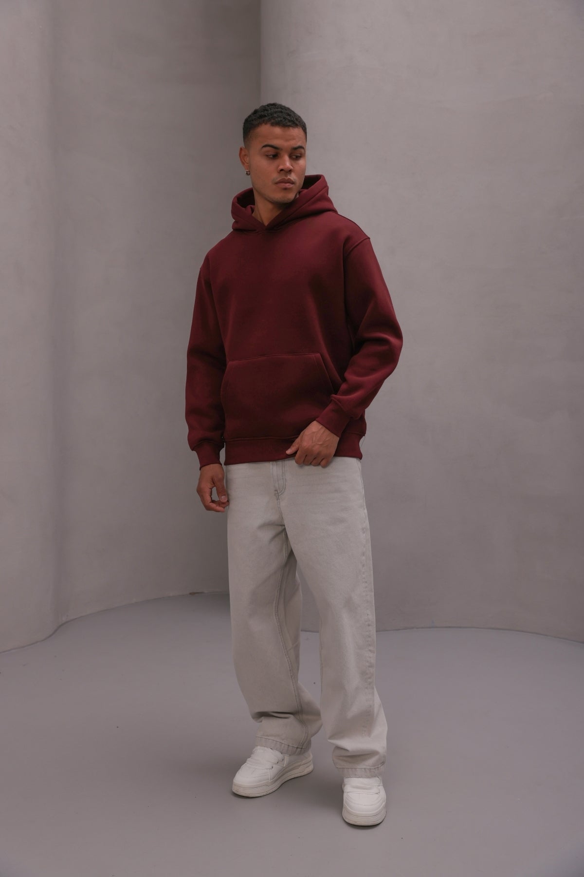 Erkek Oversize Sweatshirt Hoodie Basic Bordo – Kapüşonlu, 3 İplik Polar, Kanguru Cepli
