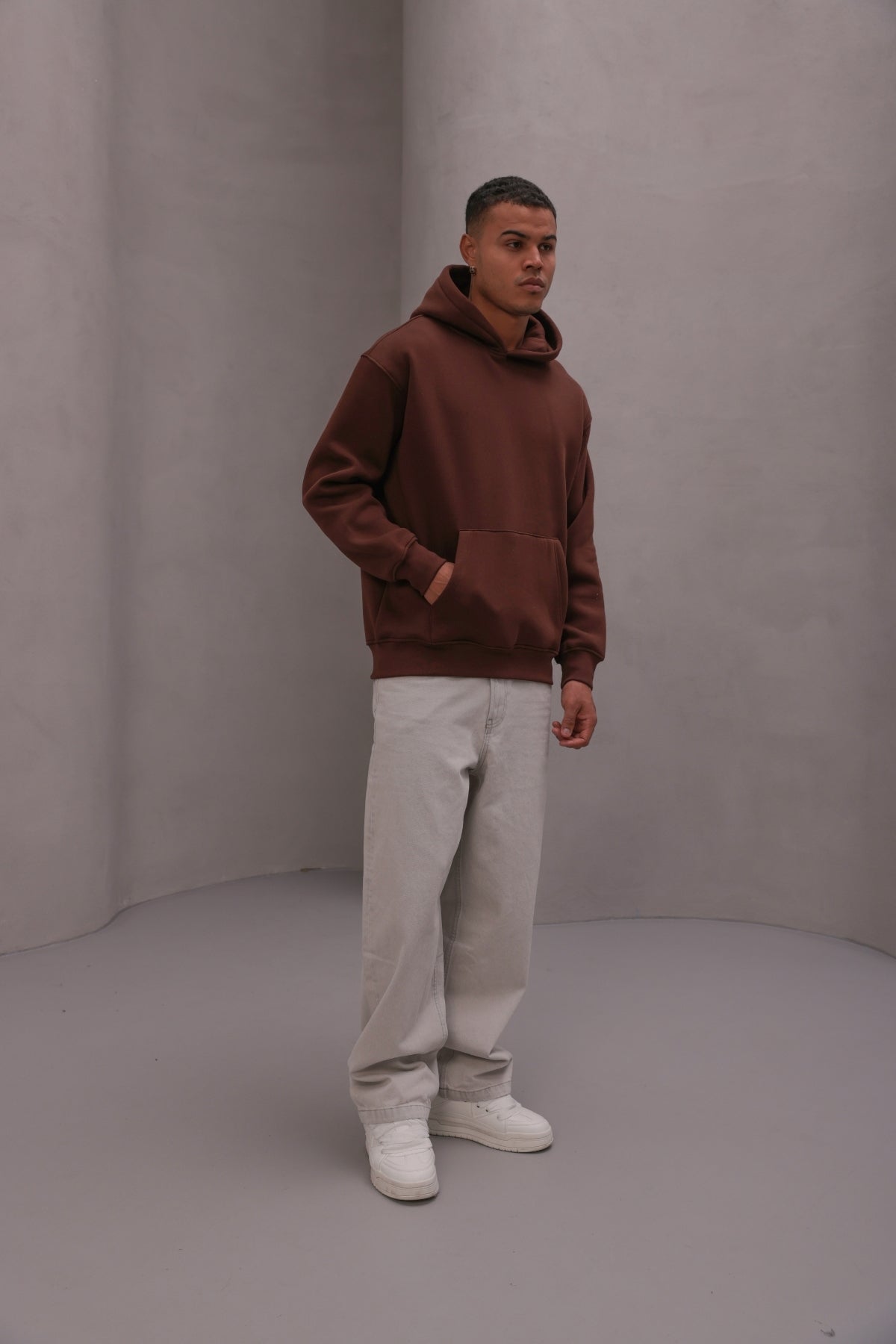 Erkek Oversize Sweatshirt Hoodie Basic Kahverengi – Kapüşonlu, 3 İplik , Kanguru Cepli