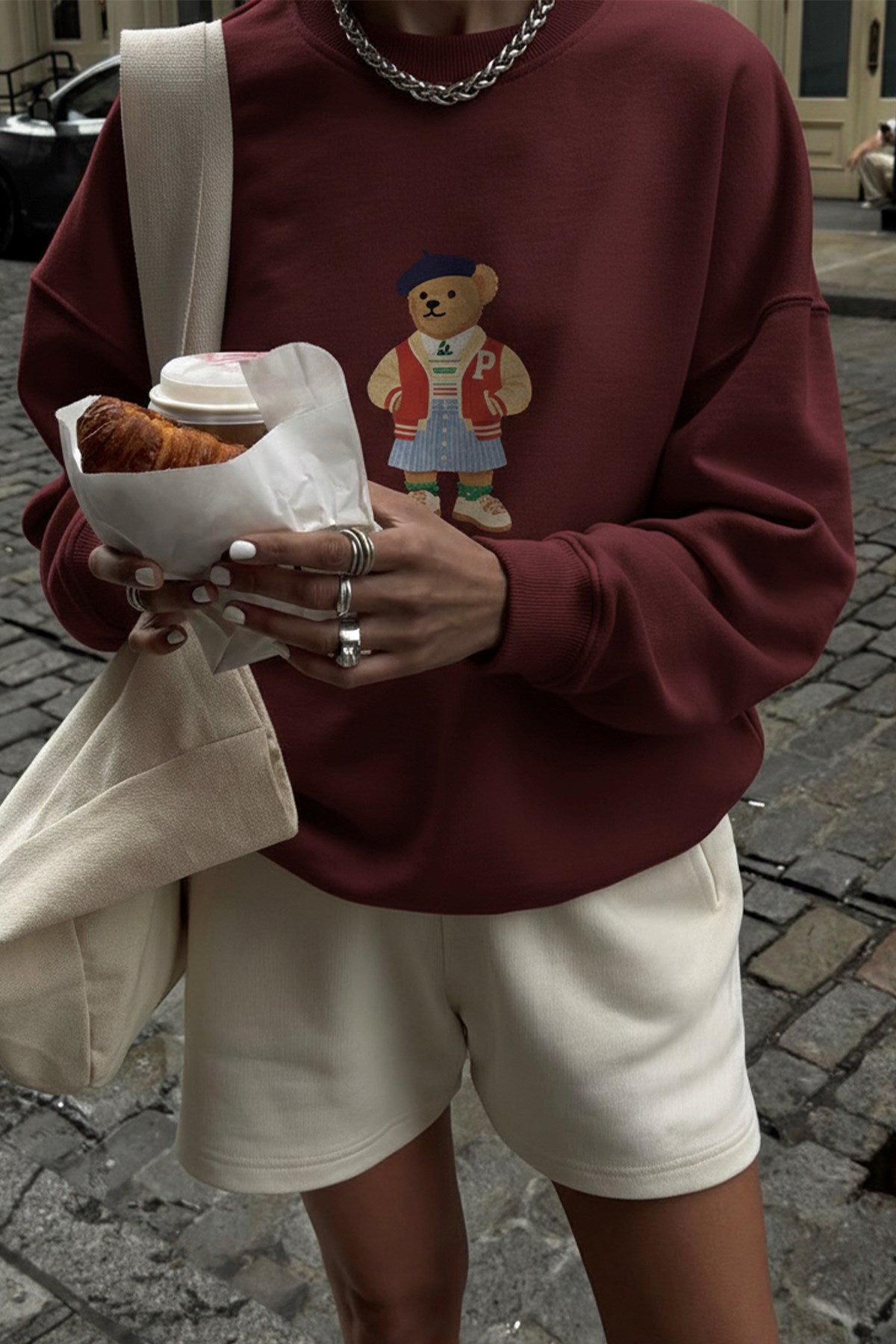 Kadın Oversize Sweatshirt Campus Bear Baskılı Bordo – Bisiklet Yaka, 3 İplik Şardonlu Polar