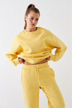 Unisex Oversize Sweatshirt Basic Sarı – Bisiklet Yaka, 3 İplik Şardonlu Polar
