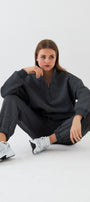Unisex Oversize Eşofman Takımı Basic Füme Melanj – Fermuarlı Dik Yaka, Lastikli Paça, 3 İplik Polar