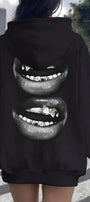 Kadın Oversize Sweatshirt Hoodie Grillz Lips Baskılı Siyah – Kapüşonlu, Kanguru Cepli, 3 İplik Polar