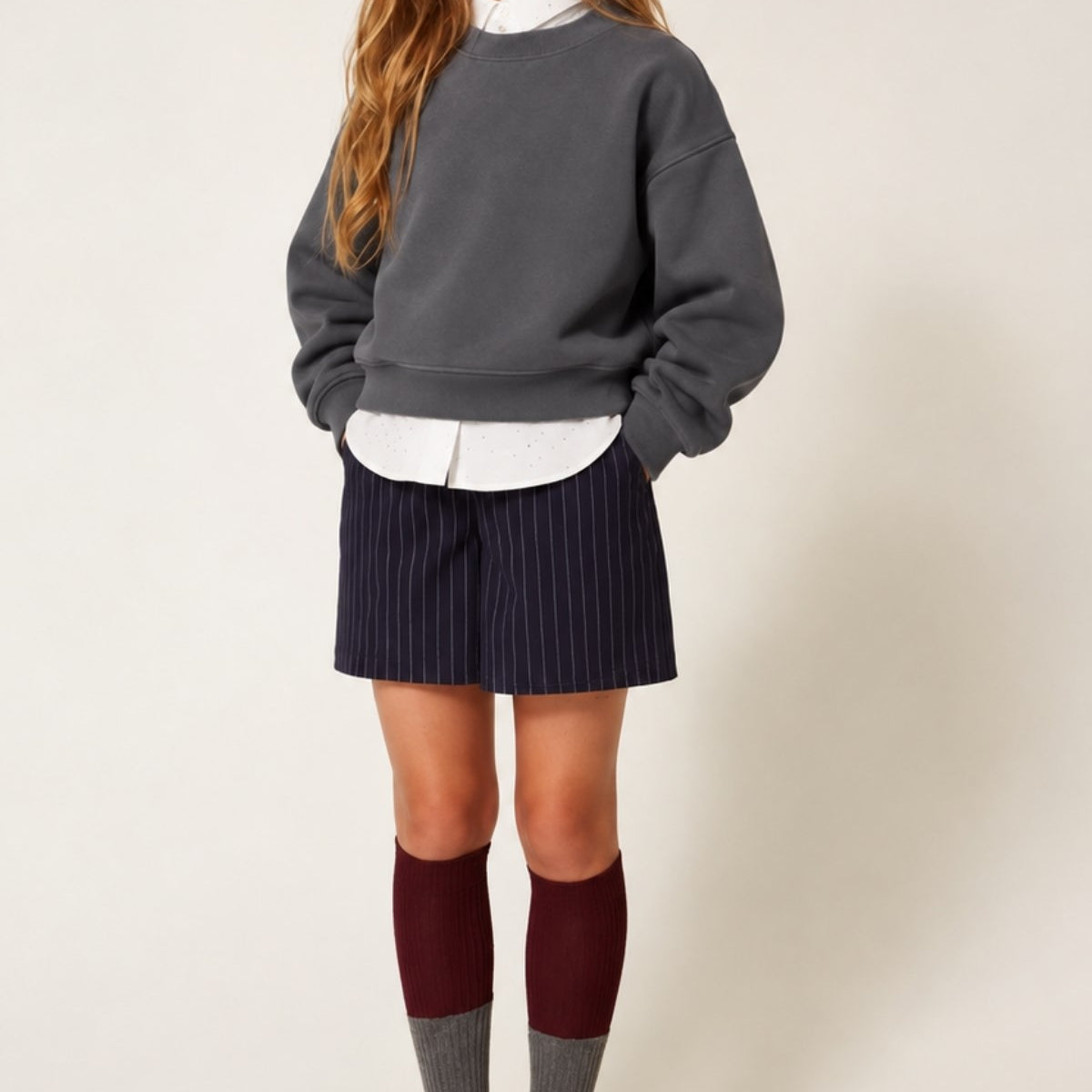 Kız Çocuk Oversize Sweatshirt Basic Füme – Bisiklet yaka, 3 iplik şardonlu polar