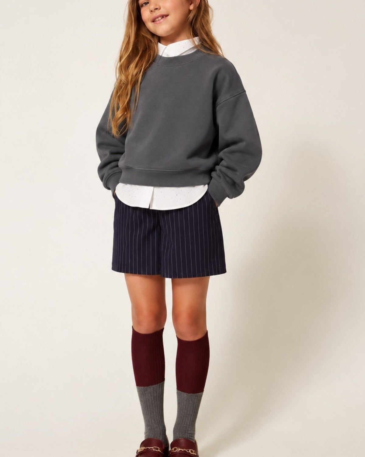 Kız Çocuk Oversize Sweatshirt Basic Füme – Bisiklet yaka, 3 iplik şardonlu polar