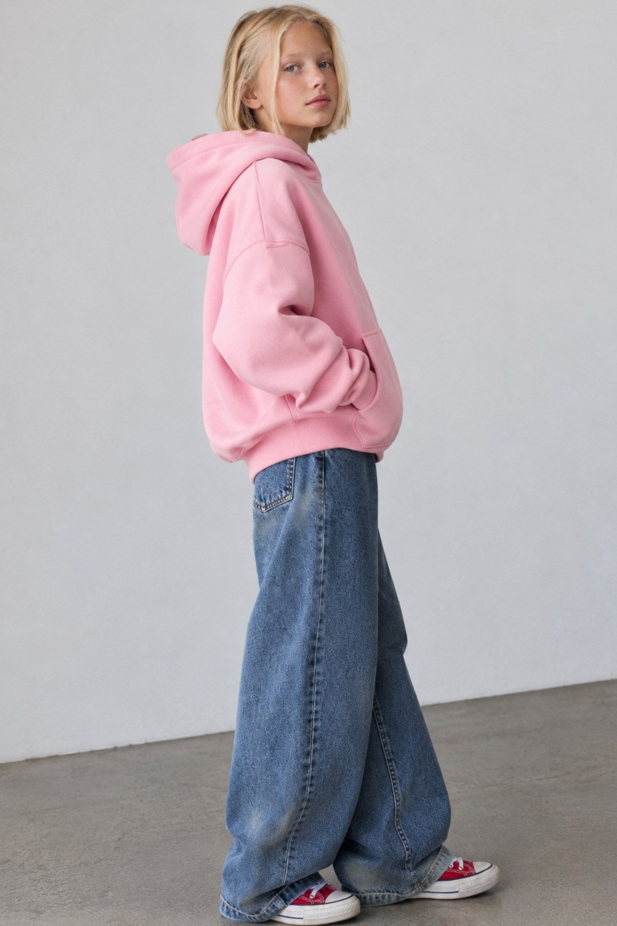 Kız Çocuk Oversize Basic Hoodie Sweatshirt Pembe – Kapüşonlu, Kanguru Cepli, 3 İplik Polar