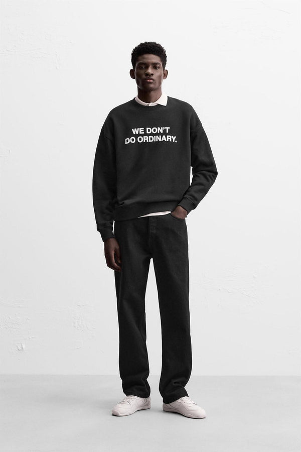 Siyah We Dont Do Ordinary. Yazılı Bisiklet Yaka Oversize Sweatshirt