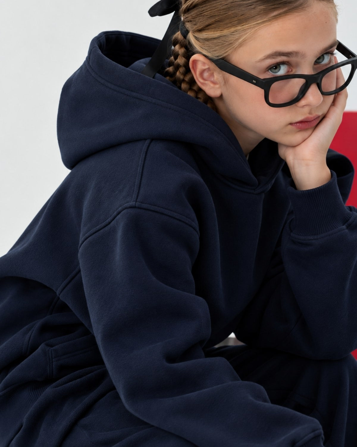 Kız Çocuk Oversize Basic Hoodie Sweatshirt Lacivert – Kapüşonlu, Kanguru Cepli, 3 İplik Polar