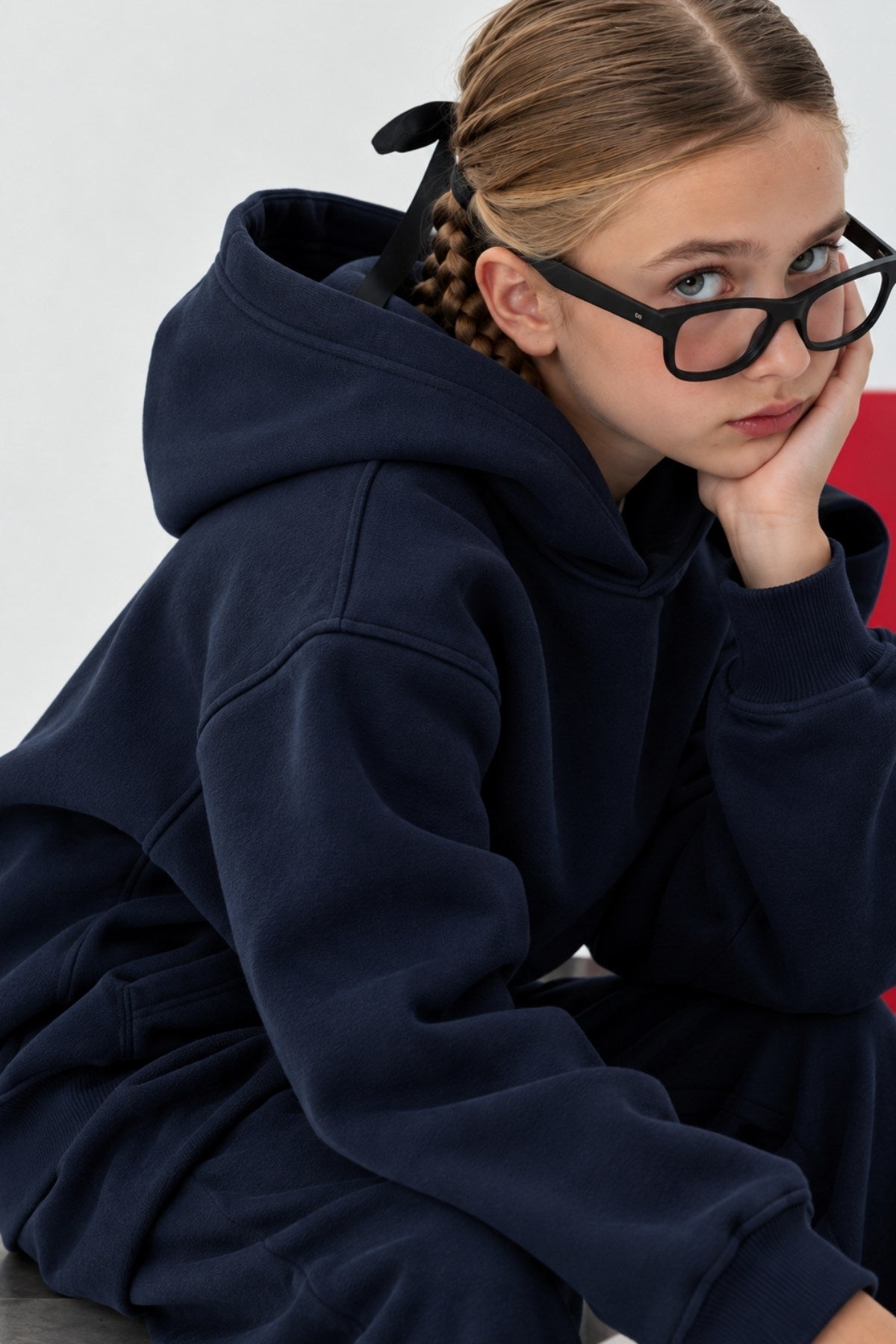 Kız Çocuk Oversize Basic Hoodie Sweatshirt Lacivert – Kapüşonlu, Kanguru Cepli, 3 İplik Polar