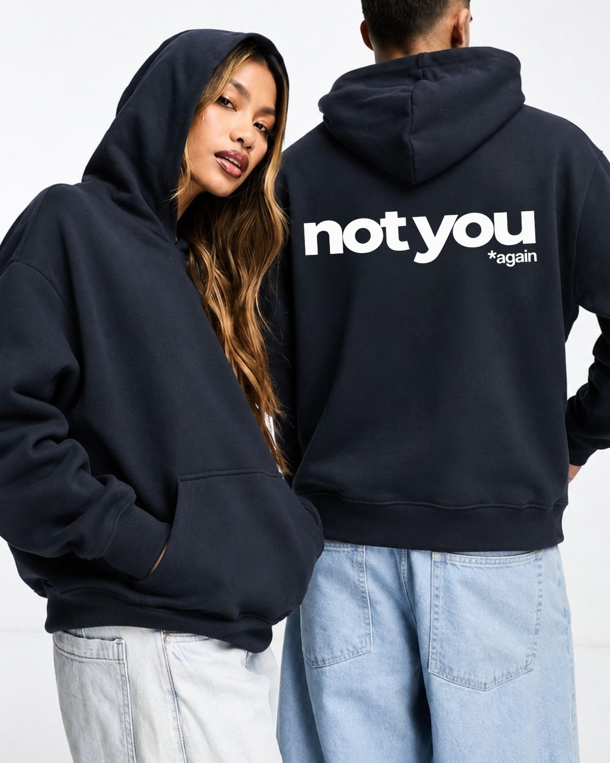 Unisex Oversize Hoodie Not You Again Baskılı Lacivert – Kapüşonlu, Kanguru Cepli, 3 İplik Şardonlu 