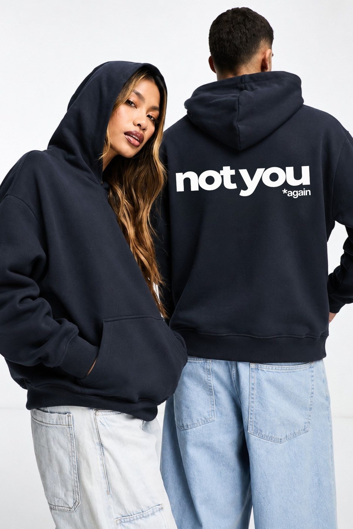 Unisex Oversize Hoodie Not You Again Baskılı Lacivert – Kapüşonlu, Kanguru Cepli, 3 İplik Şardonlu 