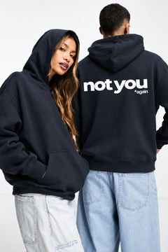 Unisex Oversize Hoodie Not You Again Baskılı Lacivert – Kapüşonlu, Kanguru Cepli, 3 İplik Şardonlu