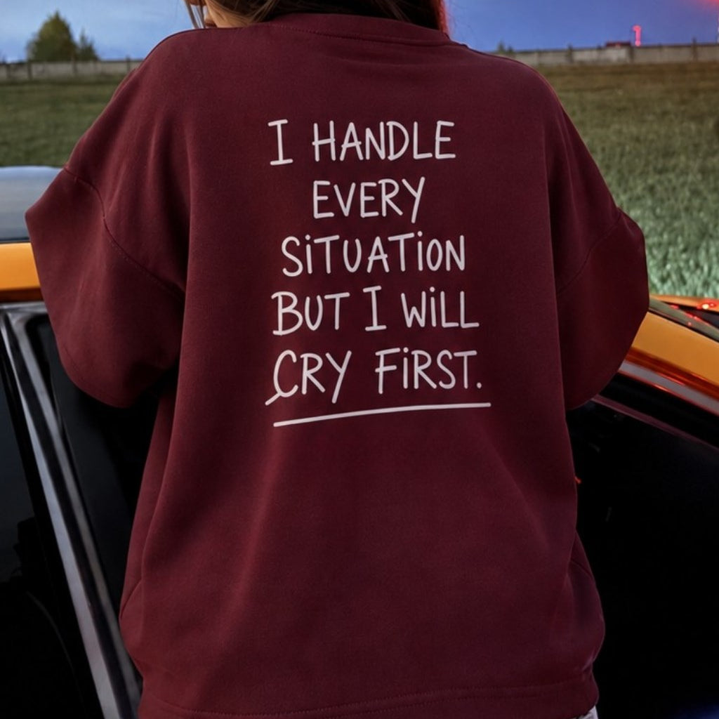 Kadın Relaxed Fit Sweatshirt Cry First Baskılı Bordo – Bisiklet Yaka, 3 İplik Şardonsuz, Düşük Omuz