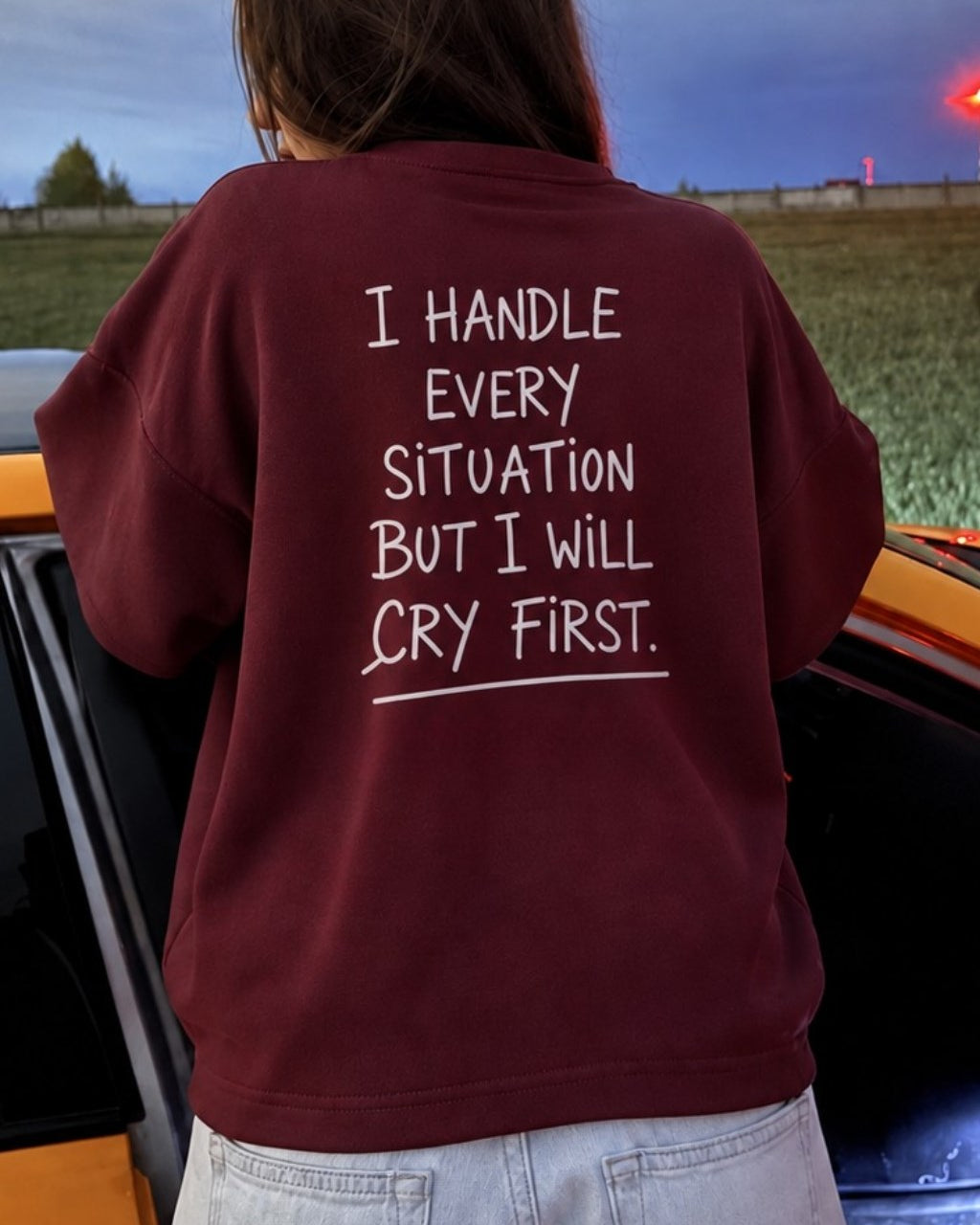Kadın Relaxed Fit Sweatshirt Cry First Baskılı Bordo – Bisiklet Yaka, 3 İplik Şardonsuz, Düşük Omuz