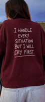 Kadın Relaxed Fit Sweatshirt Cry First Baskılı Bordo – Bisiklet Yaka, 3 İplik Şardonsuz, Düşük Omuz