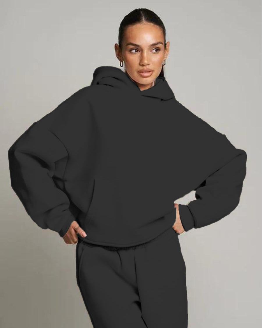 Siyah Kapüşonlu Basic Bel Lastikli Boru Paça Cepli Oversize Eşofman Takımı