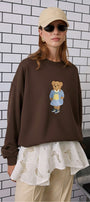 Kadın Oversize Sweatshirt Preppy Girl Bear Baskılı Kahverengi – Bisiklet Yaka, 3 İplik Şardonlu Polar