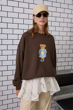 Kadın Oversize Sweatshirt Preppy Girl Bear Baskılı Kahverengi – Bisiklet Yaka, 3 İplik Şardonlu Polar