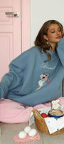 Kadın Oversize Sweat Elbise Blessed Bunny Baskılı Marine – Bisiklet Yaka, 3 İplik Şardonlu Polar
