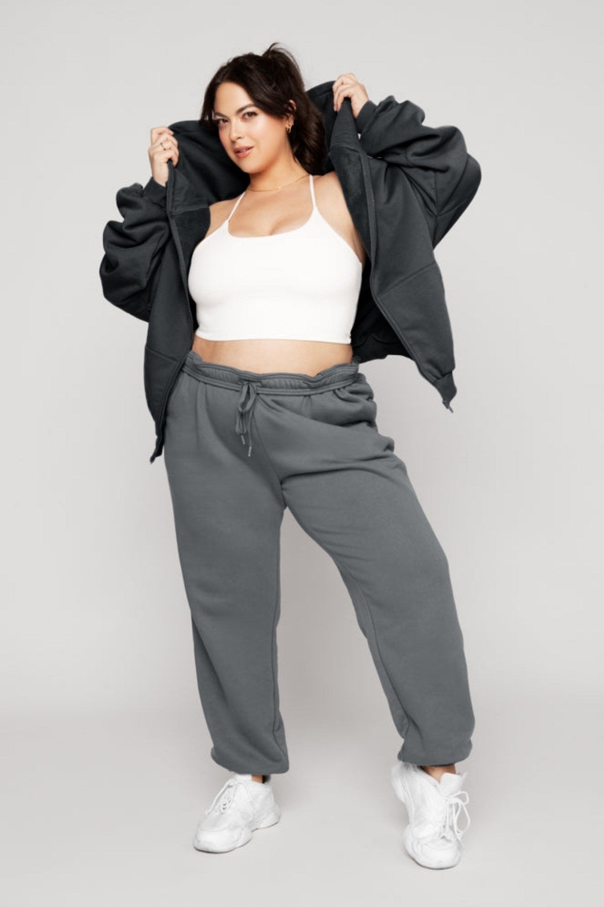 Kadın Füme Kapüşonlu Sweatshirt Fermuarlı 3 İplik Şardonlu Oversize Kesim