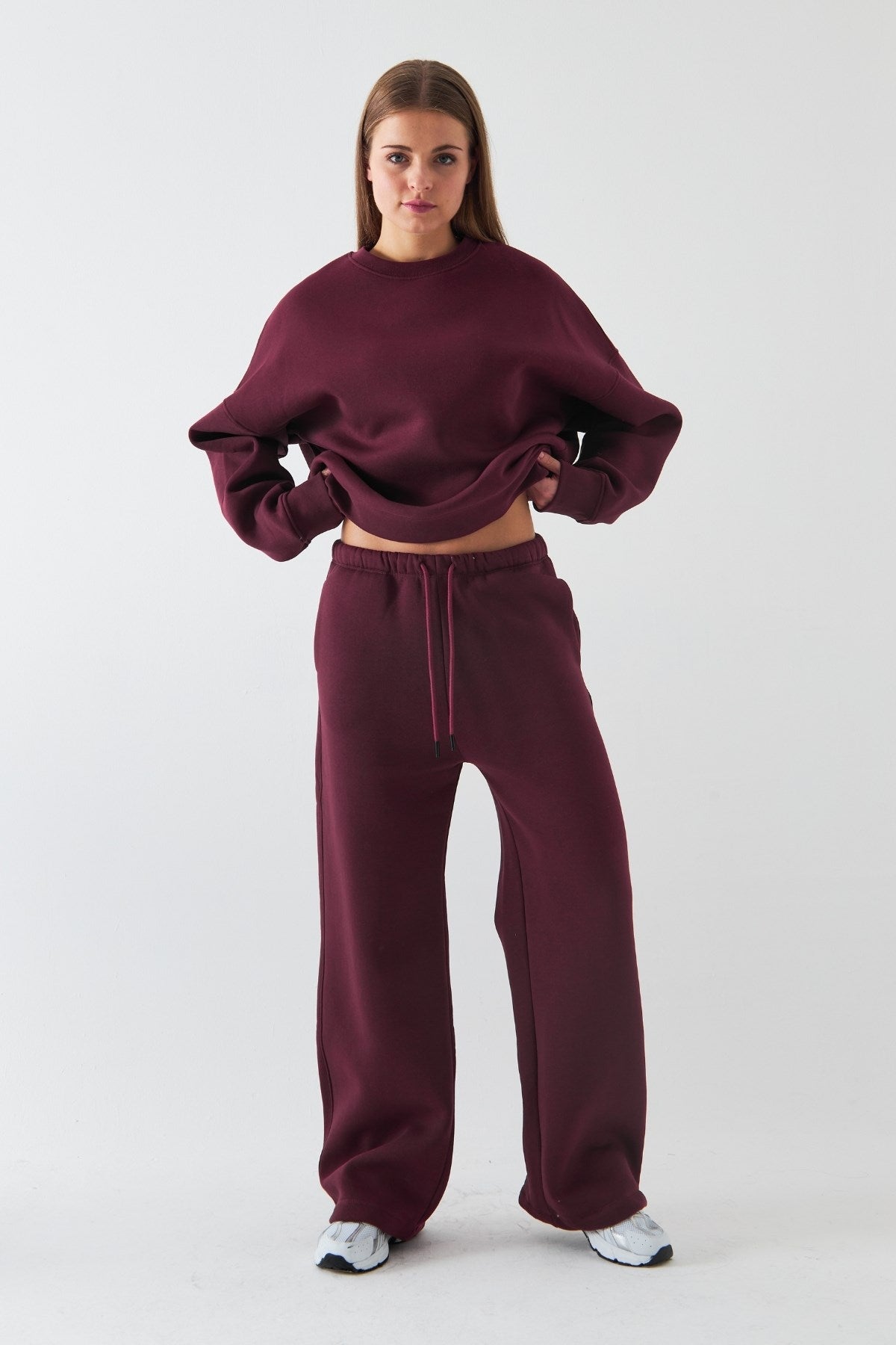 Unisex Oversize Eşofman Takımı Basic Bordo – Bisiklet Yaka, Boru Paça, 3 İplik Şardonlu Polar