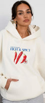 Kadın Oversize Sweatshirt Hoodie Hot & Spicy Baskılı Beyaz – Kapüşonlu, 3 İplik Şardonlu Polar