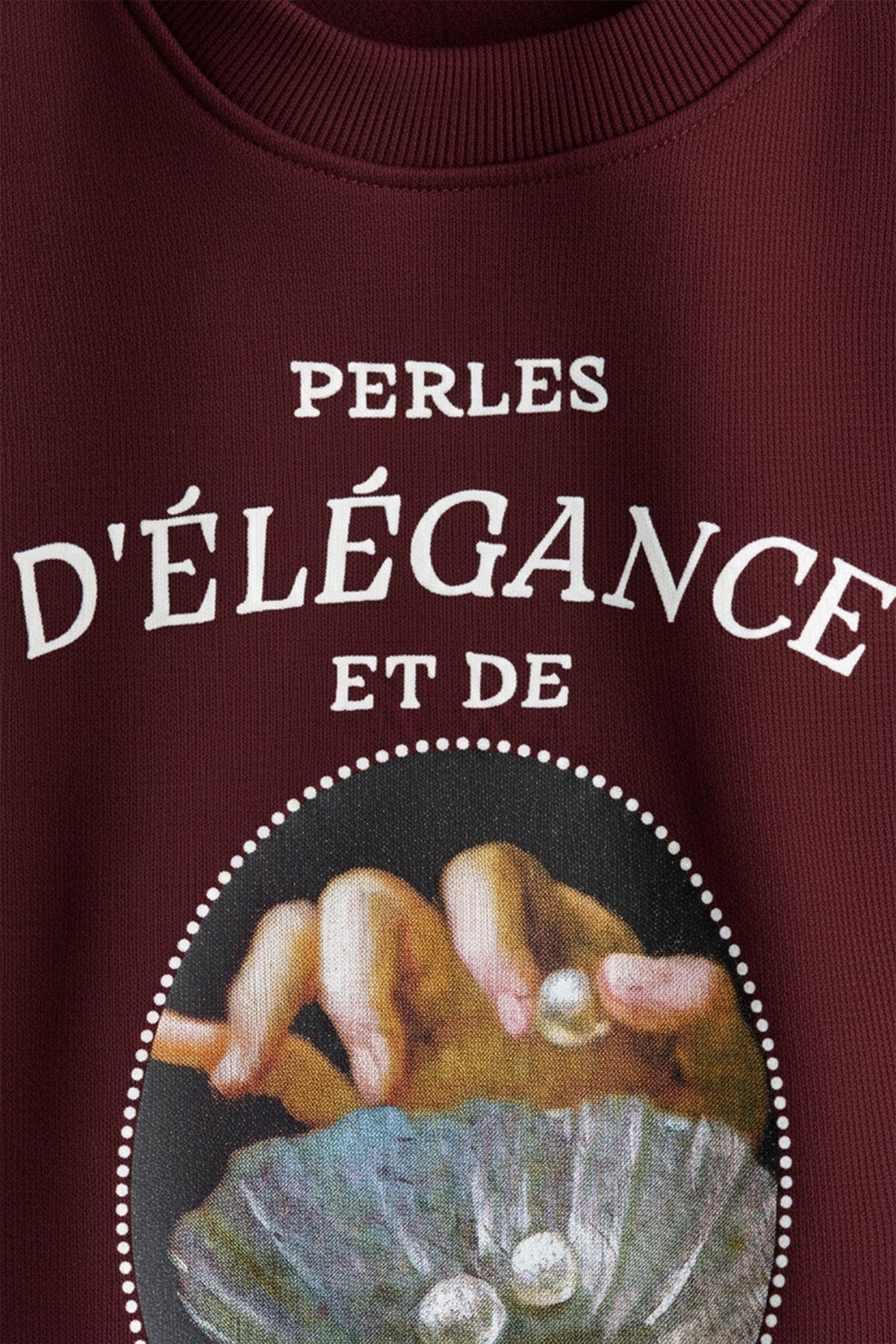 Kadın Oversize Sweatshirt Perles d’Élégance Baskılı Bordo – Bisiklet Yaka, 3 İplik Şardonlu Polar