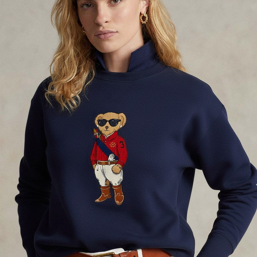 Kadın Oversize Sweatshirt Regatta Bear Baskılı Lacivert – Bisiklet Yaka, 3 İplik Şardonlu