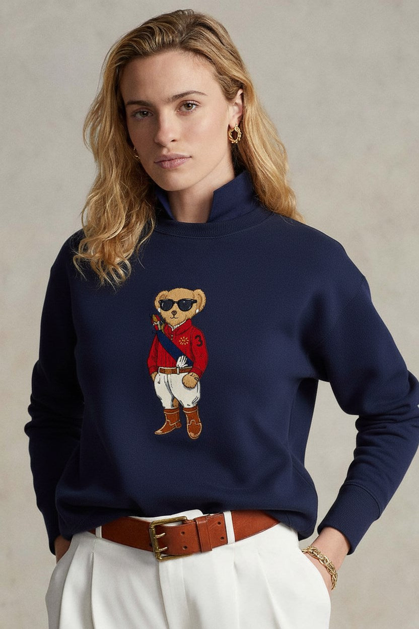 Kadın Oversize Sweatshirt Regatta Bear Baskılı Lacivert – Bisiklet Yaka, 3 İplik Şardonlu