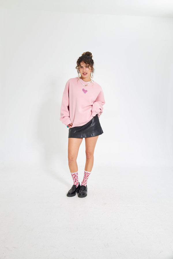 Pembe Bisiklet Yaka Kadın No Fear Ön ve Baskılı Oversize Sweatshirt