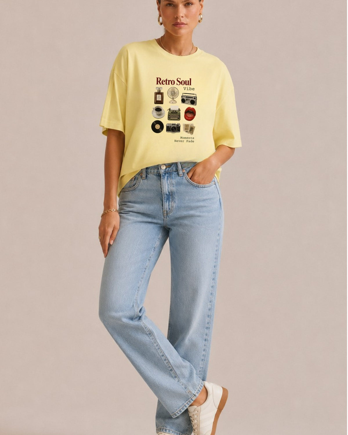 Kadın Oversize Tişört Retro Soul Vibe Baskılı Sarı – Bisiklet Yaka, Rahat Kalıp, %100 Pamuk