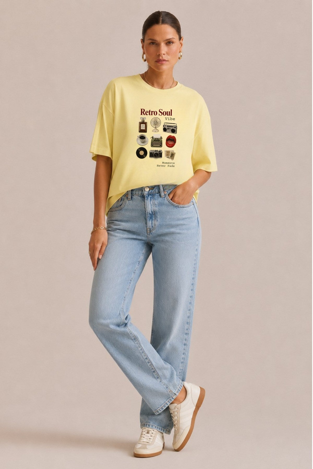 Kadın Oversize Tişört Retro Soul Vibe Baskılı Sarı – Bisiklet Yaka, Rahat Kalıp, %100 Pamuk