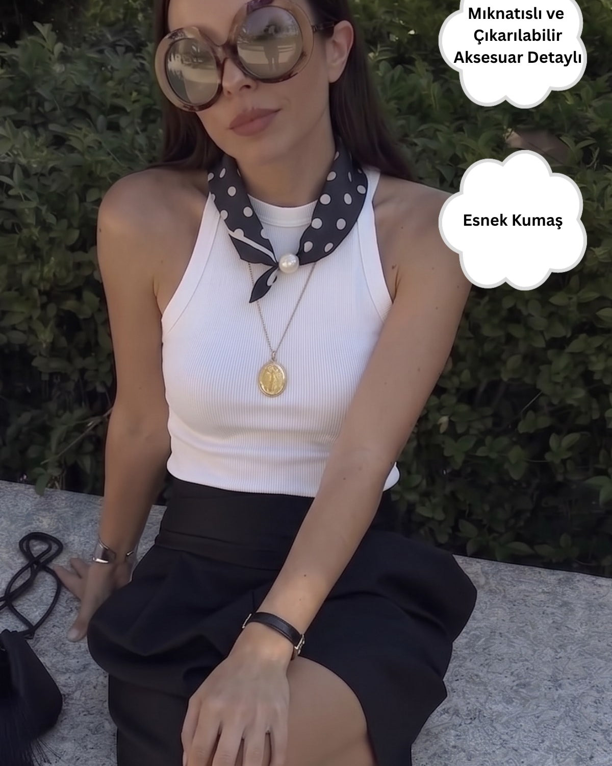 Kadın Noir Dot Mıknatıslı Fular Aksesuarlı Atlet Beyaz – Likralı Esnek Kumaş, Modern Form