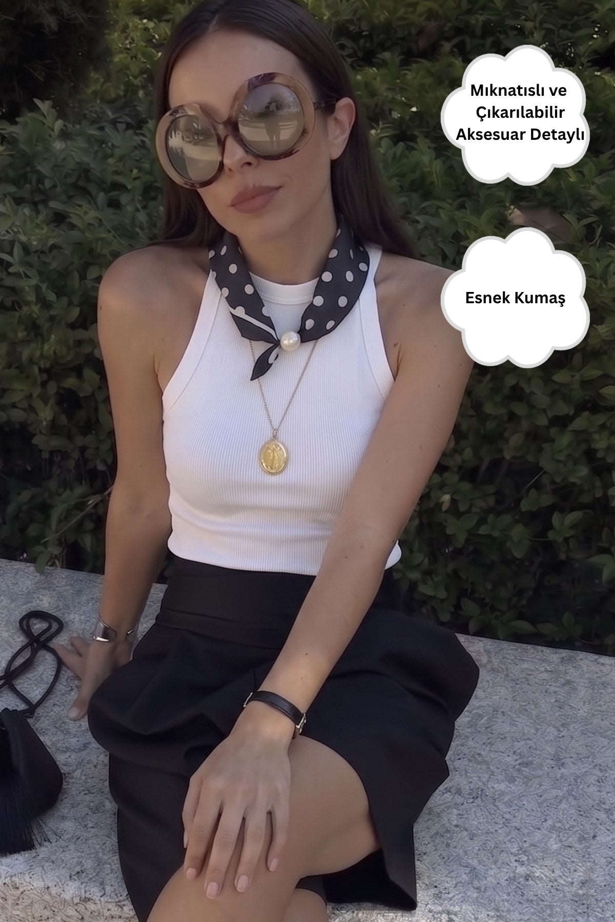Kadın Noir Dot Mıknatıslı Fular Aksesuarlı Atlet Beyaz – Likralı Esnek Kumaş, Modern Form