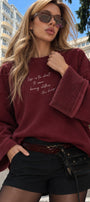 Kadın Relaxed Fit Sweatshirt Life Is Too Short Baskılı Bordo – Bisiklet Yaka, 3 İplik Şardonsuz
