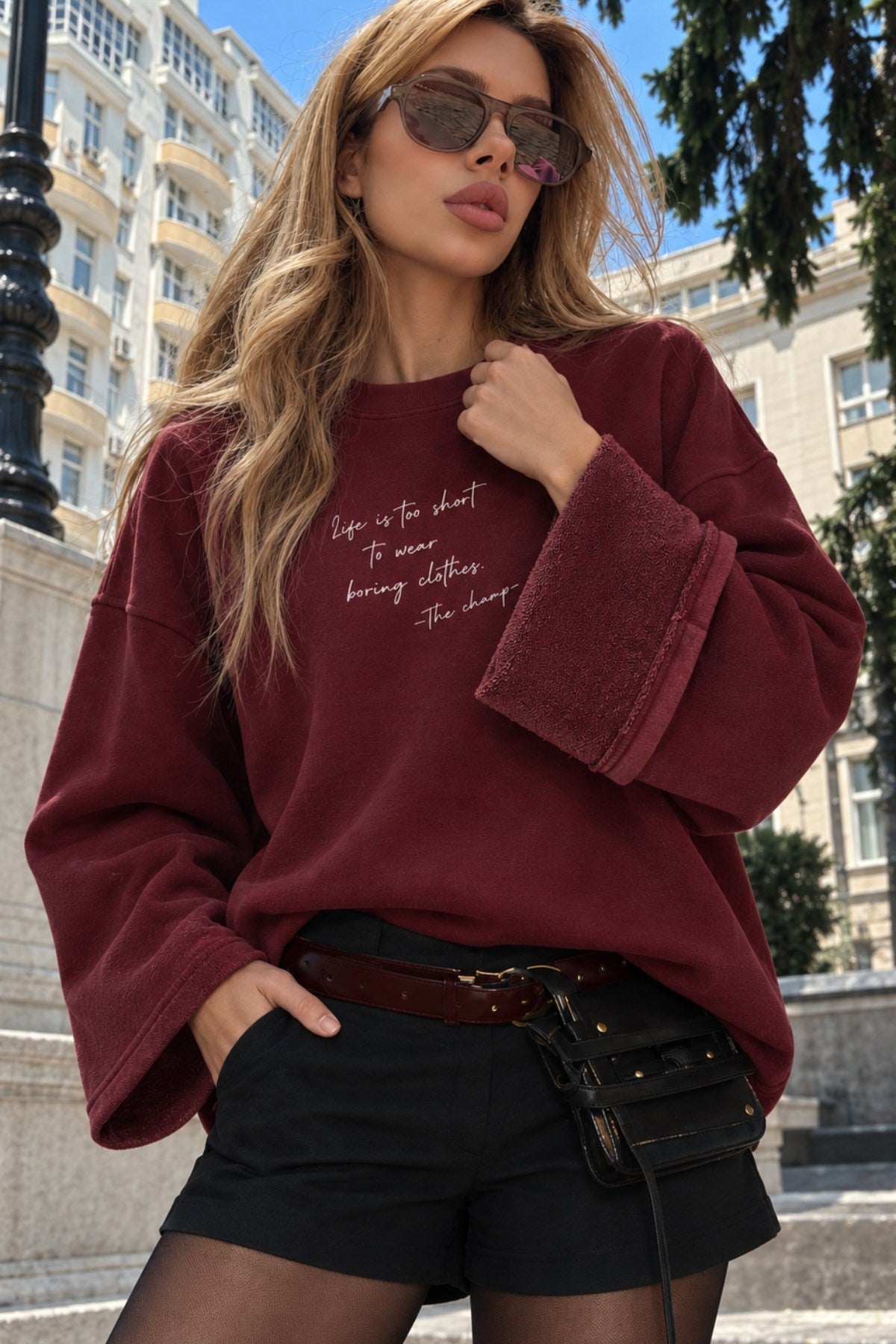 Kadın Relaxed Fit Sweatshirt Life Is Too Short Baskılı Bordo – Bisiklet Yaka, 3 İplik Şardonsuz