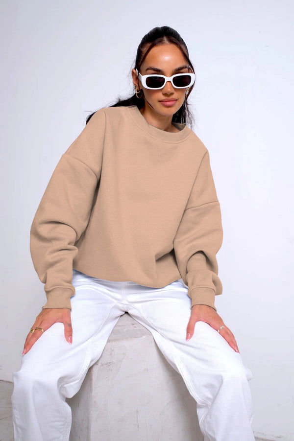 Bisiklet Yaka İçi Polar Bej Unisex Oversize Sweatshirt